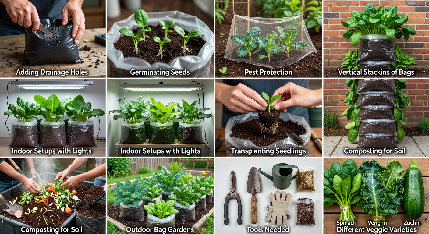 Cutting drainage holes into the bottom of a plastic grow bag with scissors