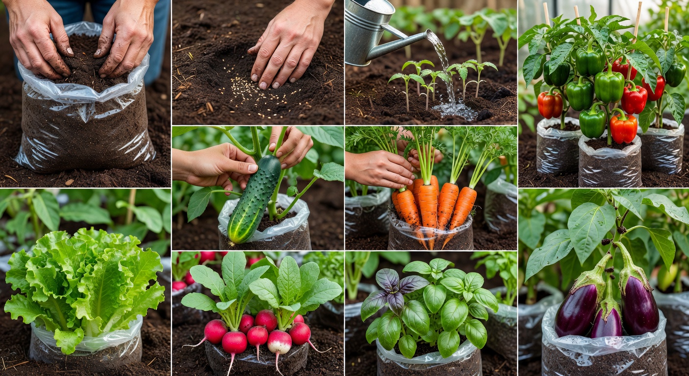Carrot tops emerging from large plastic grow bags in a garden setting