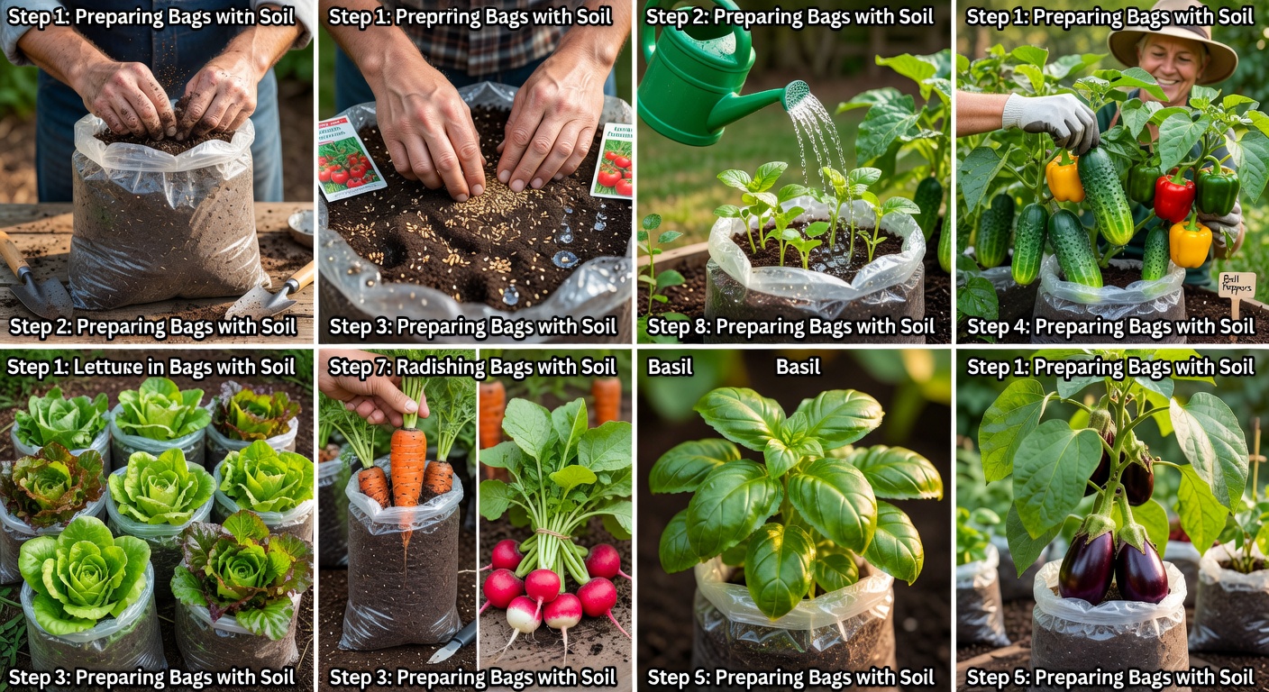 Eggplant plants bearing deep purple fruit in large plastic grow bags