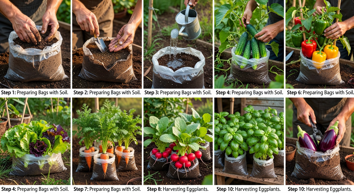 Red and green peppers growing in plastic bags outdoors in sunlight