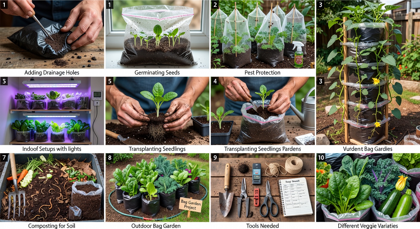 A tidy indoor plastic bag vegetable garden arranged on a wooden shelf near a sunlit window