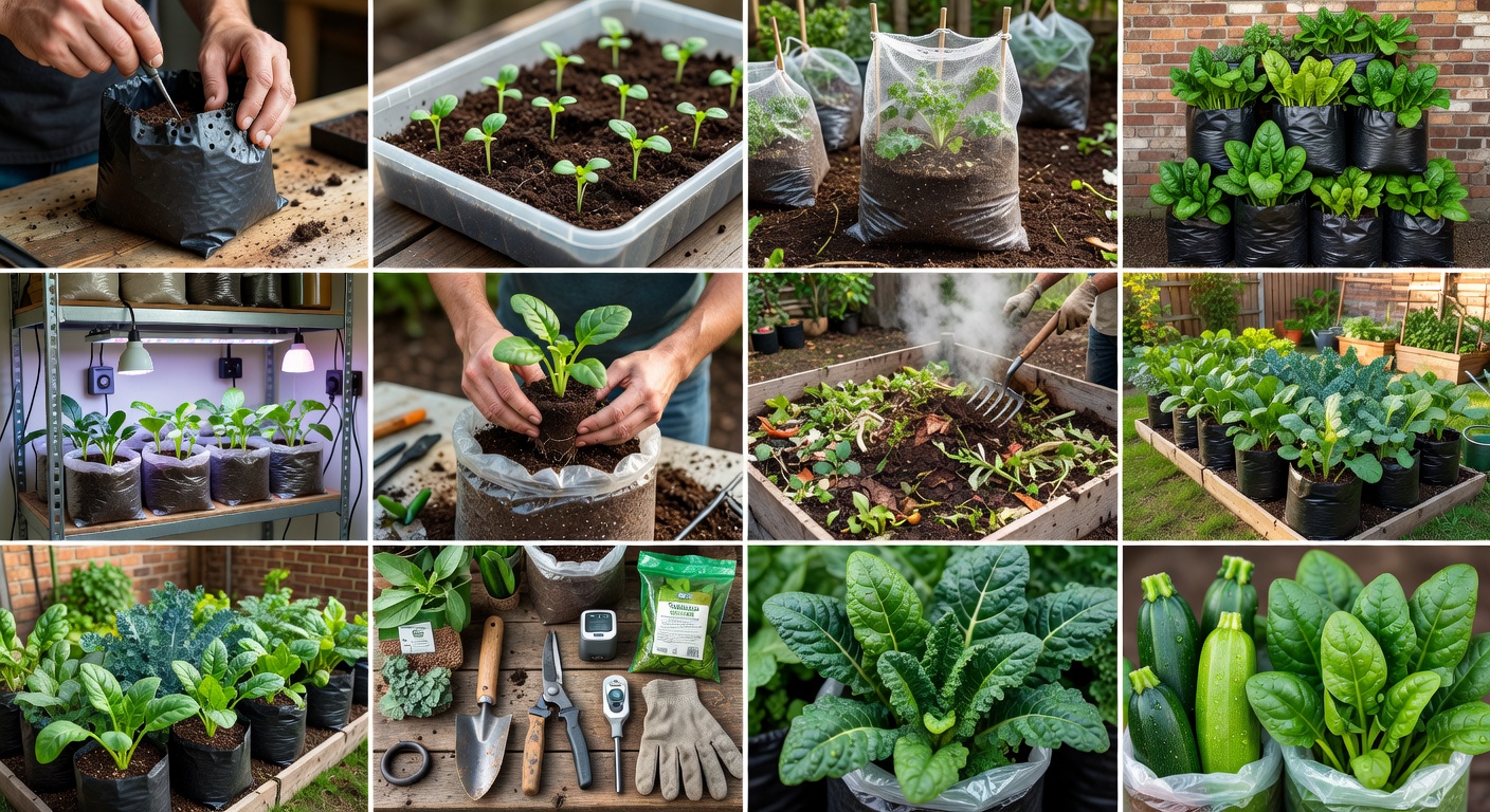 Vegetables growing in plastic bags arranged on a sunny outdoor balcony