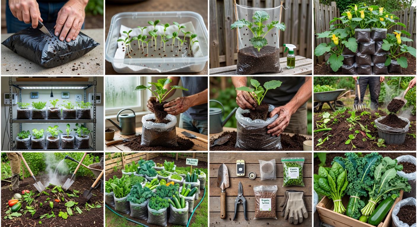 A fine mesh net placed over plastic bag plants to protect from insects