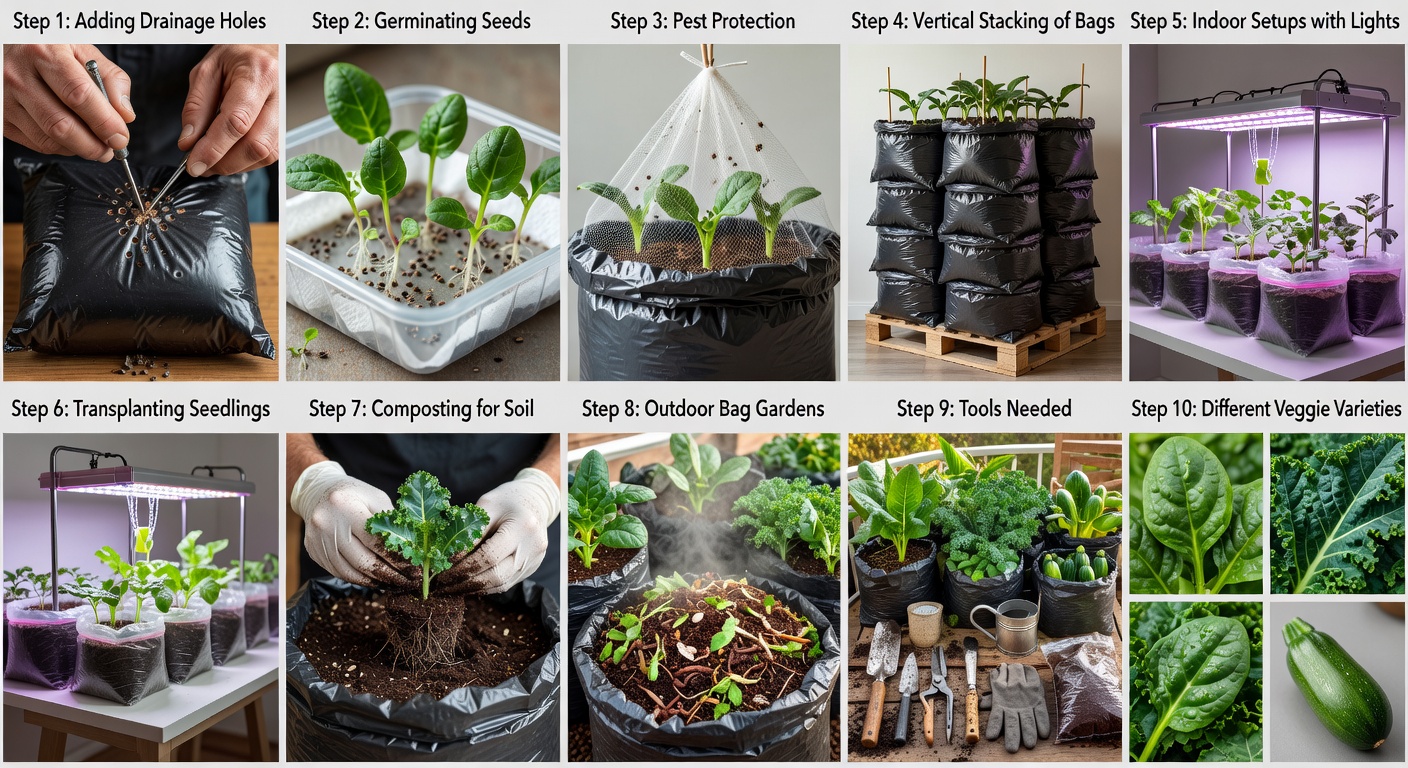 Spinach, kale, and zucchini growing side by side in plastic bags