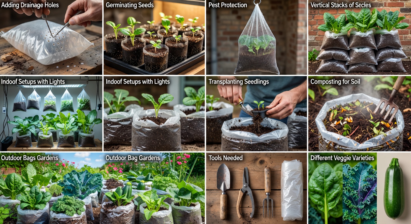 A person carefully transplanting a seedling from a small pot into a larger plastic grow bag