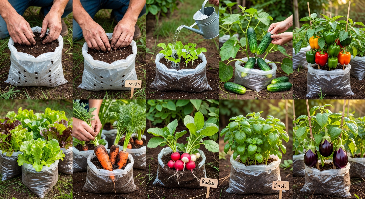 Watering vegetables growing in plastic bags on a balcony